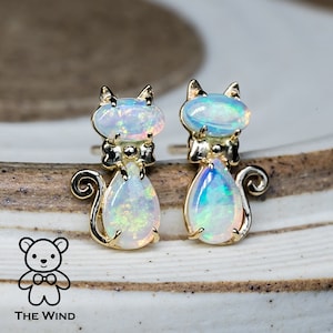 Kitty Cat with a Bow Australian Solid Opal Stud Earrings 14k Yellow Gold Fox Ears Jewelry Anniversary Bridesmaid Oval Jewelry