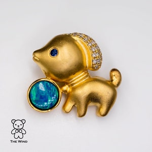 Adorable Dog Australian Doublet Opal, Diamond, Sapphire Pendant Necklace 18K Yellow Gold Doggy Birthday Gift Anniversary Oval Charm
