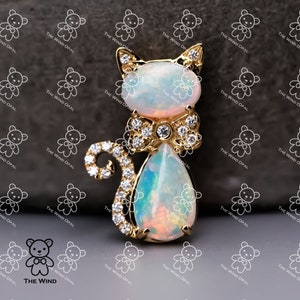 Adorable Cat Australian Solid Opal & Diamond Pendant Necklace 14k Yellow Gold Kitty Cat Ear Necklace Birthday Gift Oval Charm