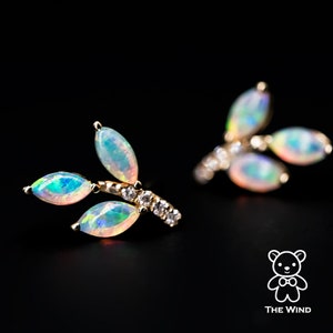 Olive Branch Leaf Design Australian Solid Opal Diamond Stud Earrings 14K Yellow Gold Minimalist Heart Rose Jewelry Birthday