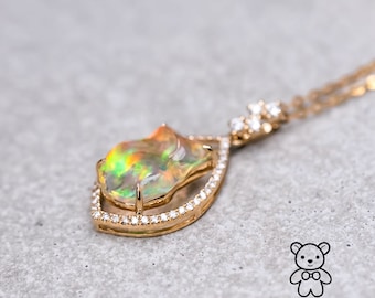 Pear Shaped Pendant Mexican Fire Opal Diamond Necklace 18K Yellow Gold Pear Teardrop Shaped Geometric Charm