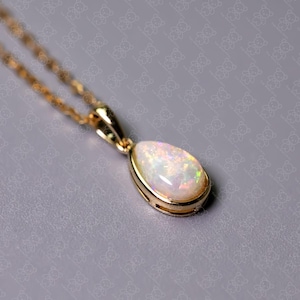 Pear Shaped Natural Australian Solid Opal Pendant Necklace 14k Yellow Gold