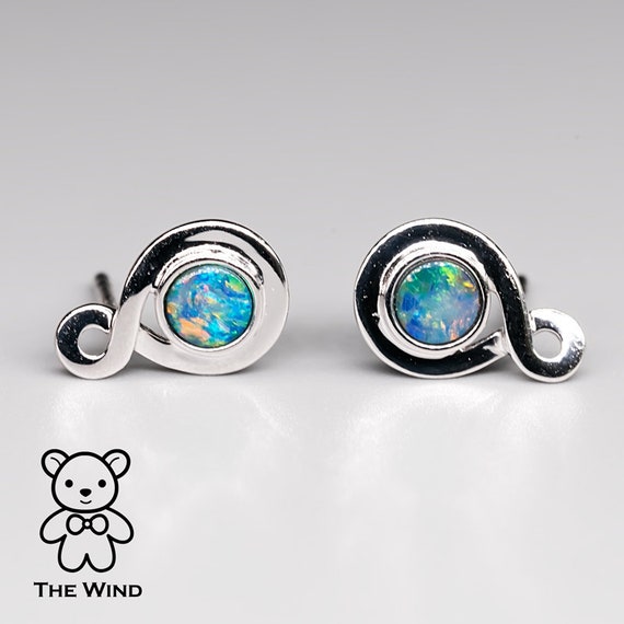 Minimalist Rainbow Australian Doublet Opal Round Stud Earrings 14K Yellow Gold
