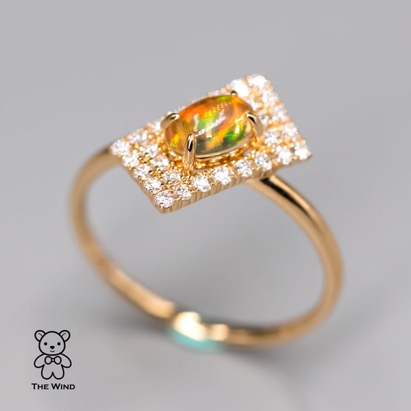 Unique Stylish Mexican Fire Opal Diamond Engagement Ring 18K Yellow Gold Wedding Birthday Gift Anniversary Bridesmaid
