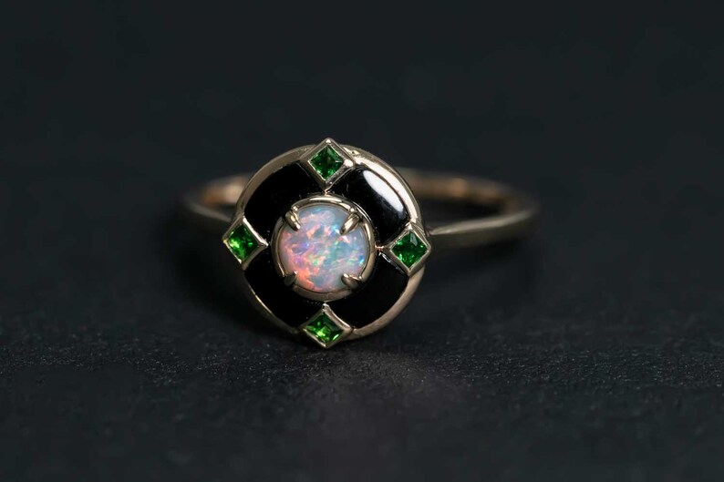 Black Opal Black Agate Engagement Ring