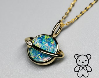 Earth Moon Design Australian Doublet Opal & Diamond 14K Yellow Gold Pendant Necklace