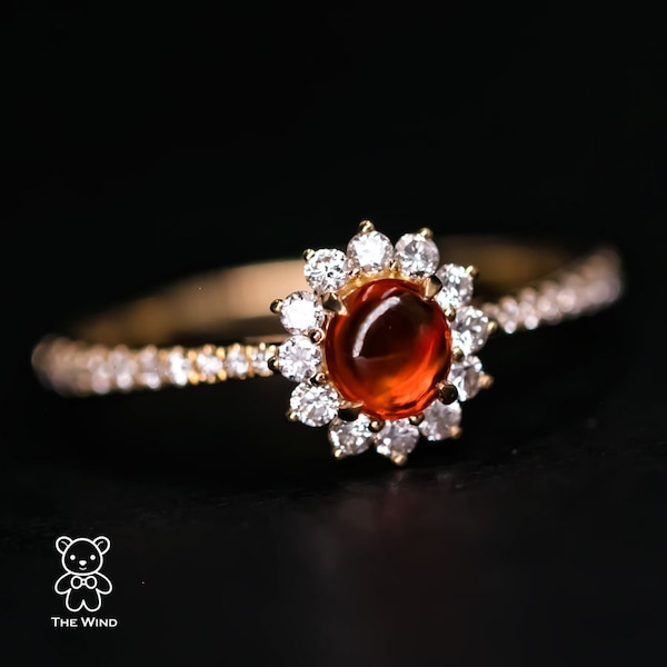 Adorable Red Mexican Fire Opal Halo Diamond Engagement Ring 18K Yellow Gold Wedding Promise Ring for Couples Anniversary Band Oval