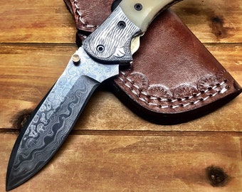7.75&quot; Damascus Steel Hand Made Camel Bone Folding Pocket knife Hunting 100% Handmade Damascus Steel With Leather sheath