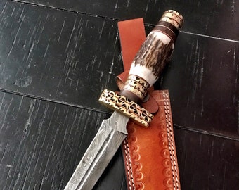 13.25” Damascus Steel 100% Hand Forged Hunting Knife 100 Original Stag Horn Handle Leather Sheath (11)