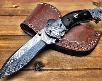 7.75" Damascus Steel Hand Made Bull Horn Handle  Folding Pocket knife Hunting 100% Handmade Damascus Steel With Leather sheath