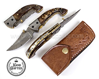 7.25&quot; Ram Horn Handle Folding Pocket knife Hunting 100% Authentic Handmade Damascus Steel With leather Case