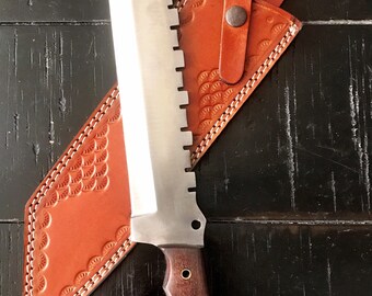 Hand Forged D2 Steel Hunting Knife: 15" Walnut Handle, Leather Sheath