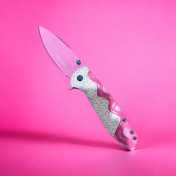 Tactical 7.75"  Spring Assisted Pocket Knife Pink  Cupcake Sprinkles Design Knives Hunting EDC Collectible Sharp  456B