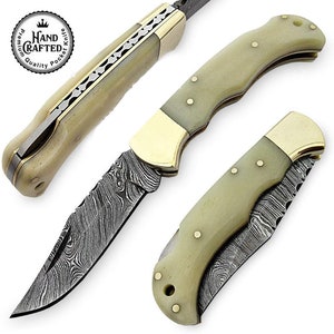 6.5&quot; Camel Bone Handle Folding Pocket knife Hunting 100% Authentic Handmade Damascus Steel With leather Case