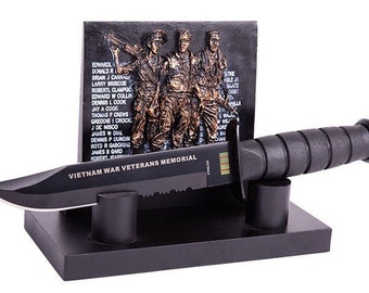 11.75" Vietnam Veterans War Memorial Knife with a Plaque and wooden Stand