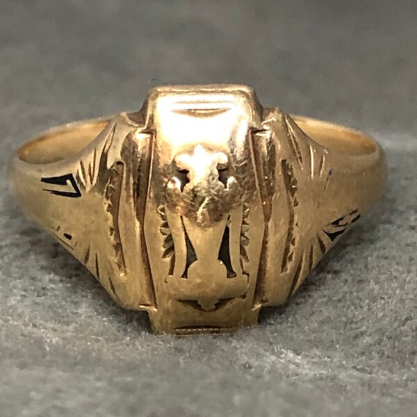 Vintage Jostens Class Ring in 10K Yellow Gold; Size 6.75 Solid Gold Class Ring; Double Headed Eagle Ring