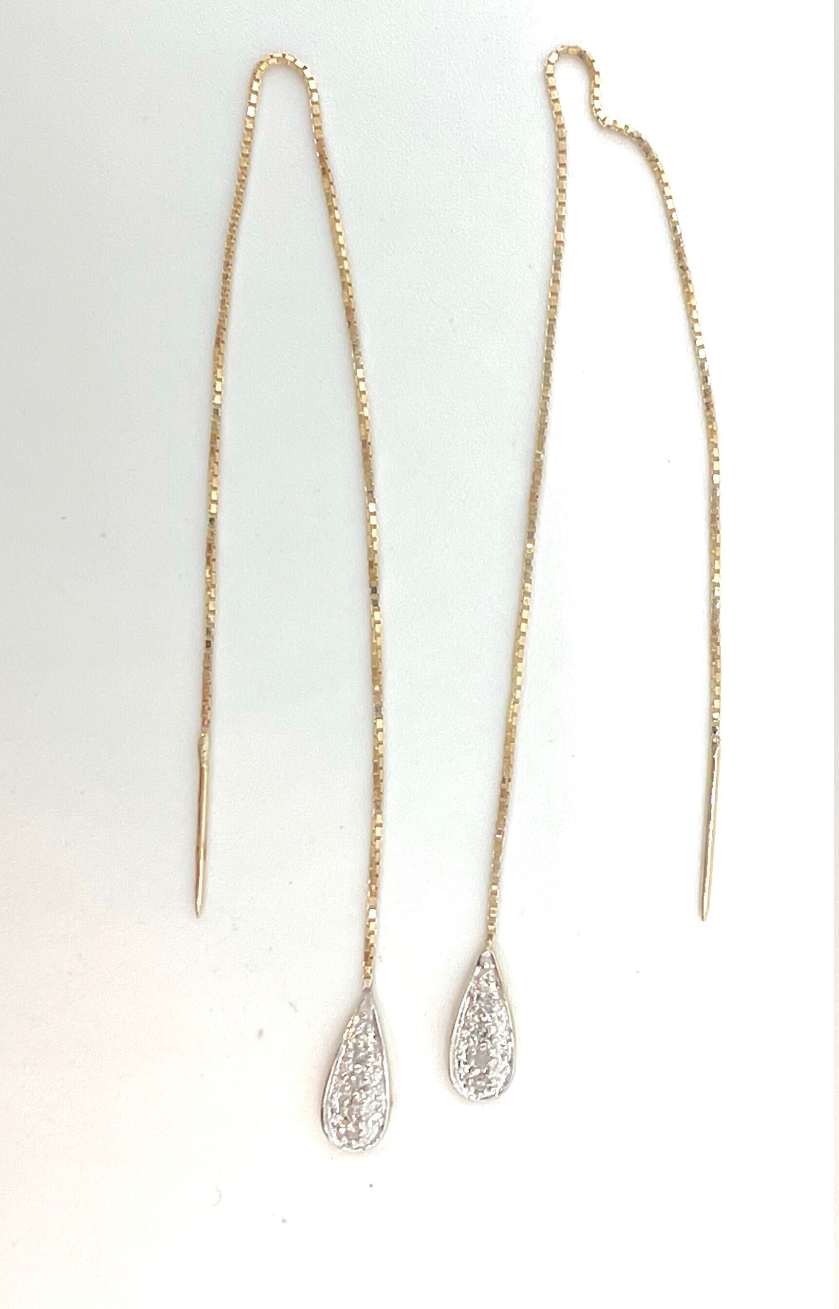 Pair of Vintage Diamond Threader Earrings in 10K Yellow Gold; Chain Earrings for Multiple Holes; Shoulder Duster Earrings