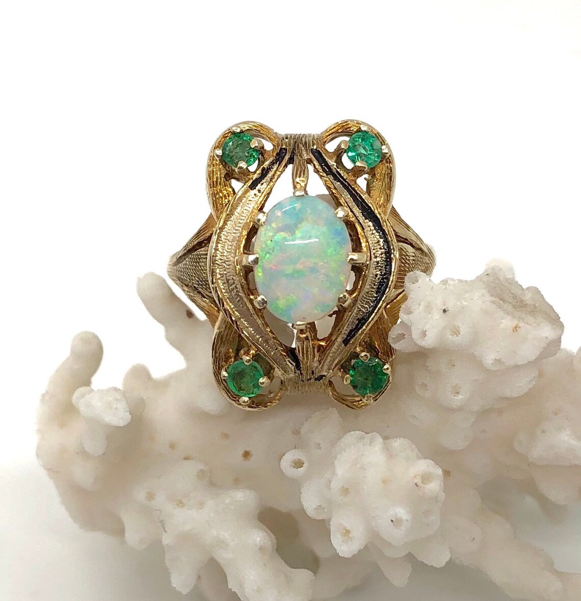 Antique Art Deco Opal and Emerald Ring in 14K Yellow Gold Etsy