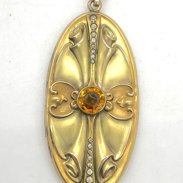 Large Antique SKM Co Art Nouveau Gold Filled Citrine Paste Locket; Art Nouveau Locket with Room for Two Photos, Large Antique Locket