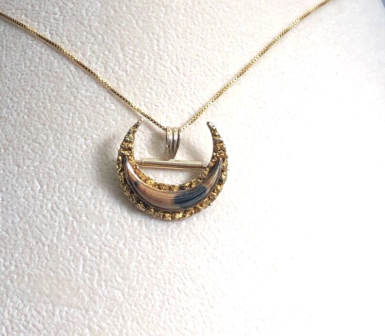 Crescent Moon Jewelry Antique Jasper Crescent Brooch Pendant in 10K Yellow Gold Nugget