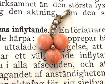 Antique / Vintage Coral and  Seed Pearl Clover Pendant or Charm in Solid 10K Yellow Gold; Antique Coral Pendant