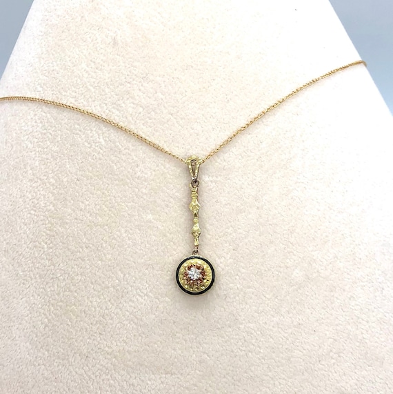 Antique Diamond Lavalier Pendant with Black Enamel