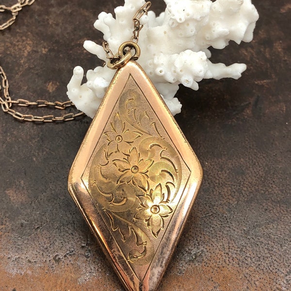 Large Vintage Floral Gold Filled Kite Shaped Locket for Two Photos with Chain