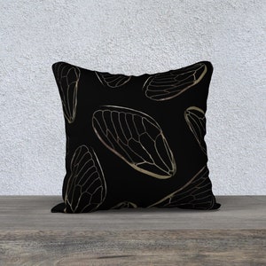 Cicada Wing Pillow Cover – 18” Square Throw Pillow – Dark Botanical Insect Art Cushion – Nature-Inspired Scanography Decor