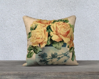 18x18 Pillow Case * Antique Rose Peach Yellow Green Blue Vase Floral Flowered Print Vintage Pillow Covers