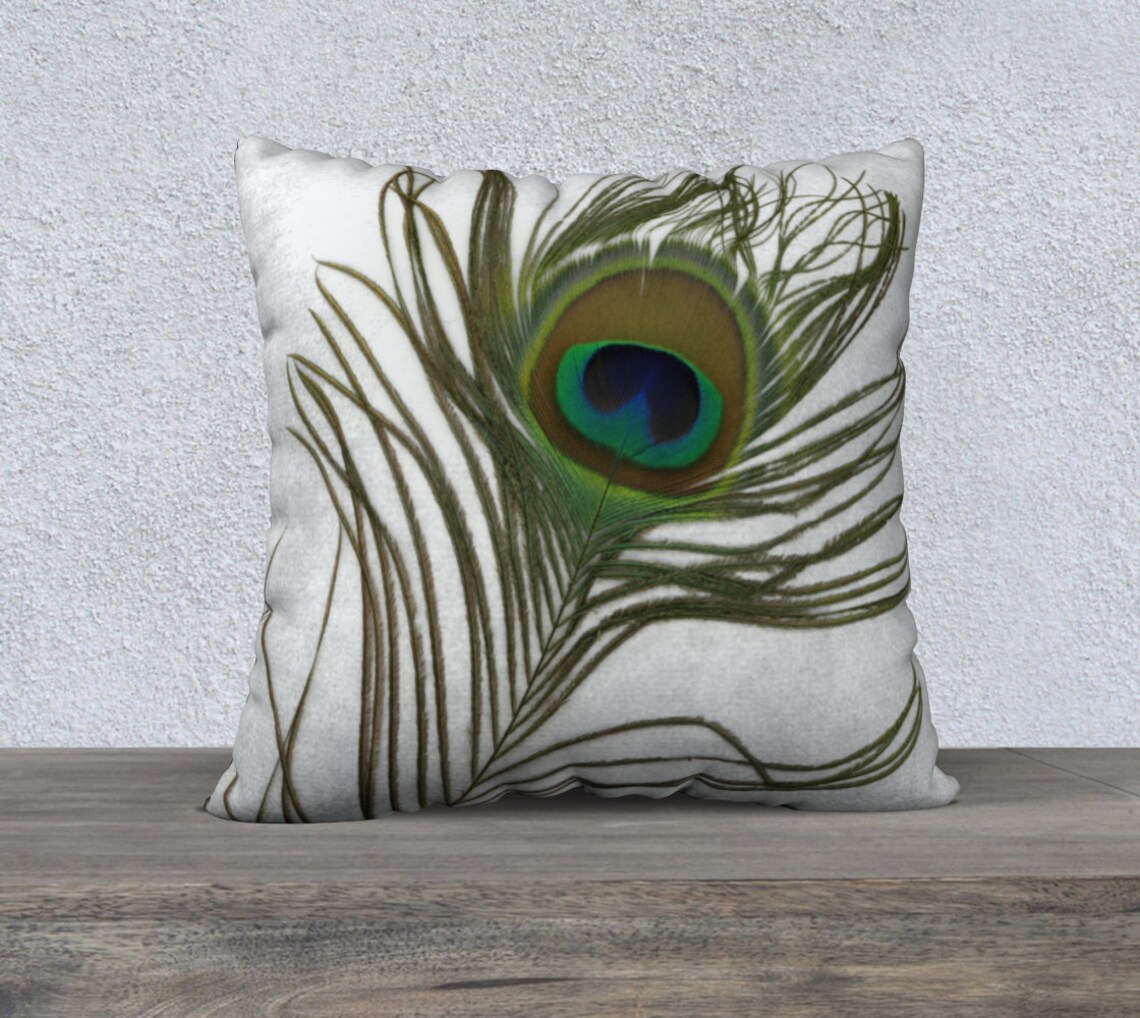 22x22 Pillow Cover Peacock Feather on White Velveteen Linen Etsy