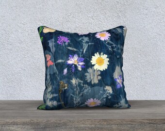 pillow cover 18x18 pillow blue floral case for sofa square linen pillow cover for flowered living room decor refresher