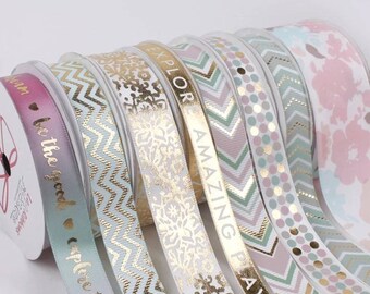 2 meters of 16mm Pink Gold Foil Chevron Printed Grosgrain wrapping Ribbon LBY008 