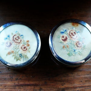 Pair of Powder Glass Jars with Embroidered Petit Point Lids
