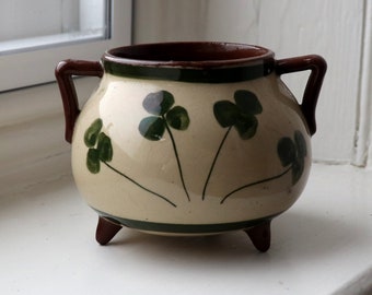 Vintage Mottoware Ceramic Three Footed, Two Handled Pot