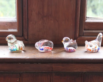 Vintage - Small Millefiori Glass Art Paperweight Animals and Birds