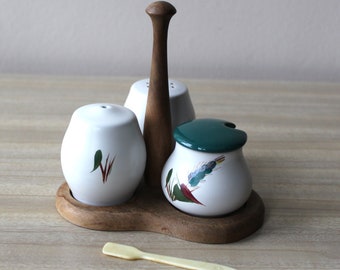 Vintage Denby Pottery Cruet Set and Wooden Stand