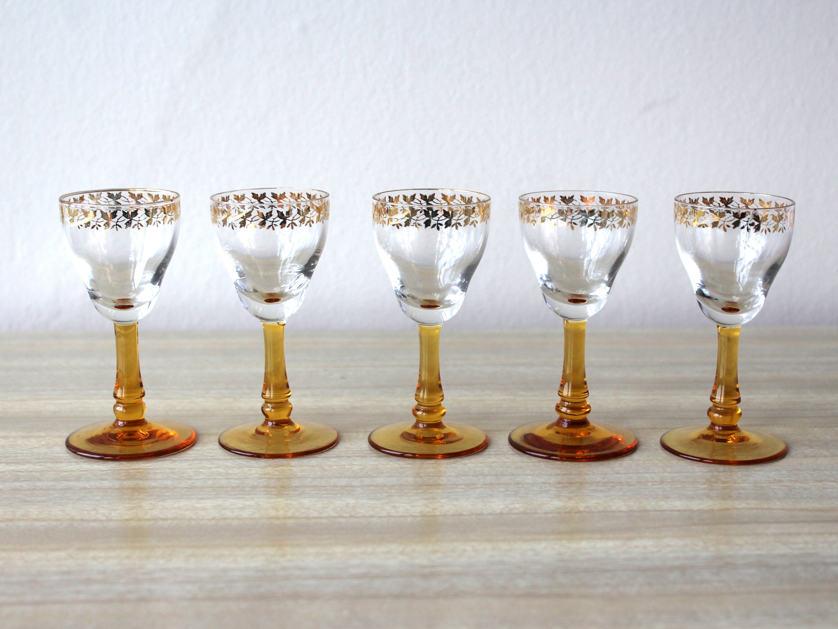 Set of Five Vintage Amber Stemmed Sherry/shot/liqueur/aperitif Drinking