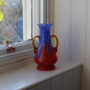 Unusual Vintage Red and Blue Decorative Spatter Glass Vase with Amber Glass Handles