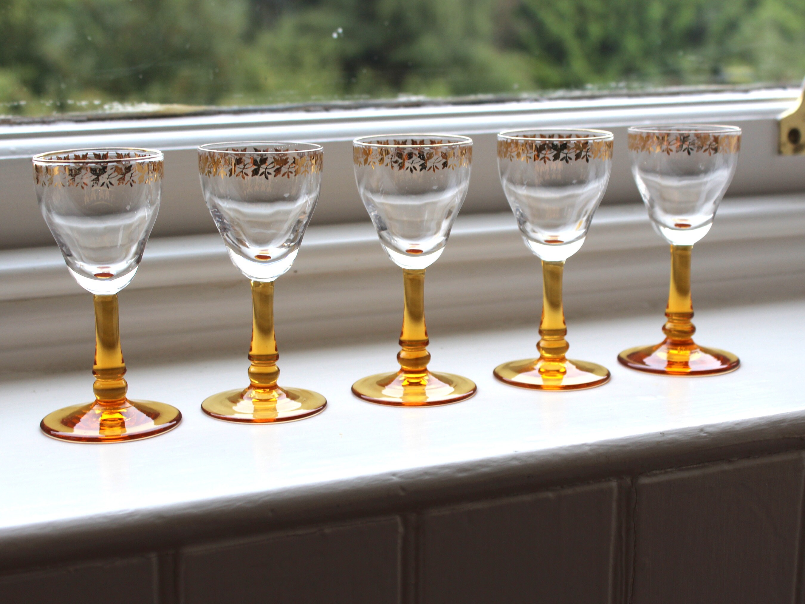 Set of Five Vintage Amber Stemmed Sherry/shot/liqueur/aperitif Drinking