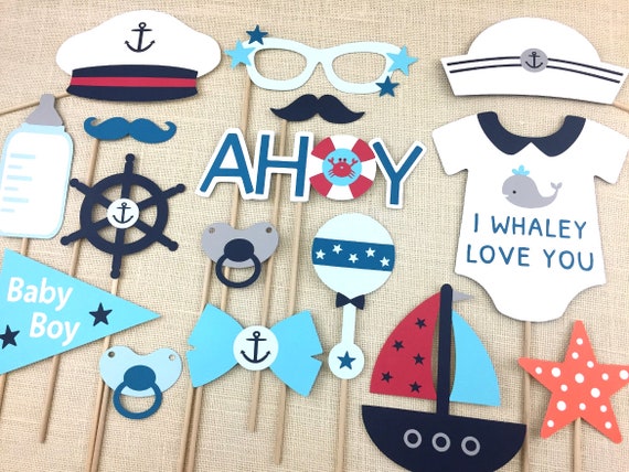 Sailor Theme Baby Shower Photo Props Baby Photo Booth Props Nautical Baby Boy Fully Assembled 16 Pc
