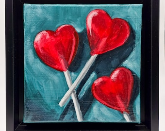 Original Acrylic Painting: Three Red Heart Lollipops, Textured Teal Background, 6x6 Framed Art