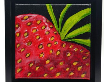 Berry Bold – 6x6 Original Strawberry Painting in Black Frame | Acrylic Food Art | Modern Kitchen Decor | Fruit Wall Art | Noel Butler Art