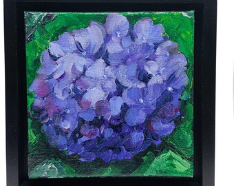 Violet Bloom – Original 6x6 Hydrangea Painting in Gallery Floater Frame – Purple Floral Art – Textured Flower Painting – Small Wall Art Gift