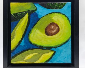 Original Acrylic Painting: Holy Guacamole, Framed 6x6 Avocado Art