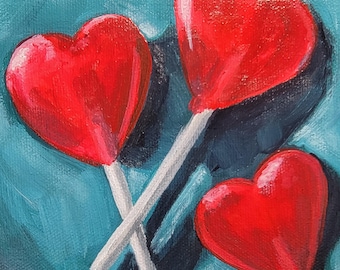 Sweetheart Trio Art Print – Red Heart Lollipops, Teal Background (Digital Download)