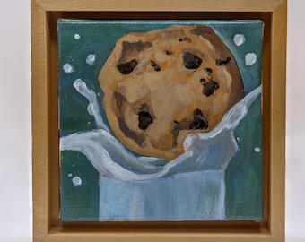 Original Chocolate Chip Cookie Dunk Painting, 6x6 Framed Acrylic Art