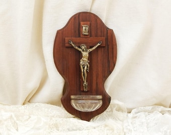 Vintage Religious Teak Metal and Glass Wall Hanging Crucifix Jesus on the Cross Holy Water Font French Catholic Religion, Home Stoup