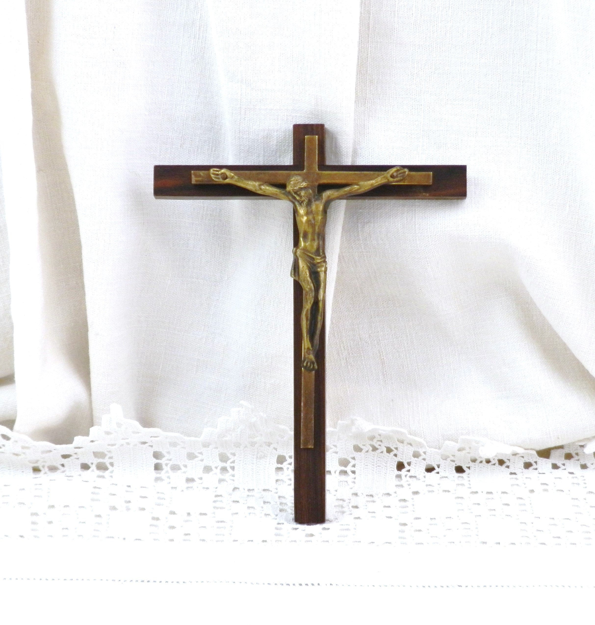 Français Vintage Mid Century Modern Walnut & Bronze Wall Hanging Crucifix By Mermet, Religious 1960S