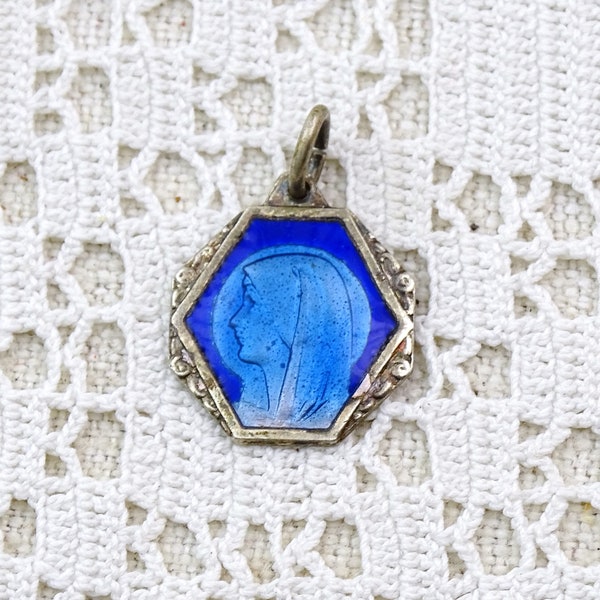 French Vintage Religious Saints Medal of Virgin Mary the Massabielle Grotto Lourdes Blue Glass Enamel and Silver Tone Metal, Our Lady Charm