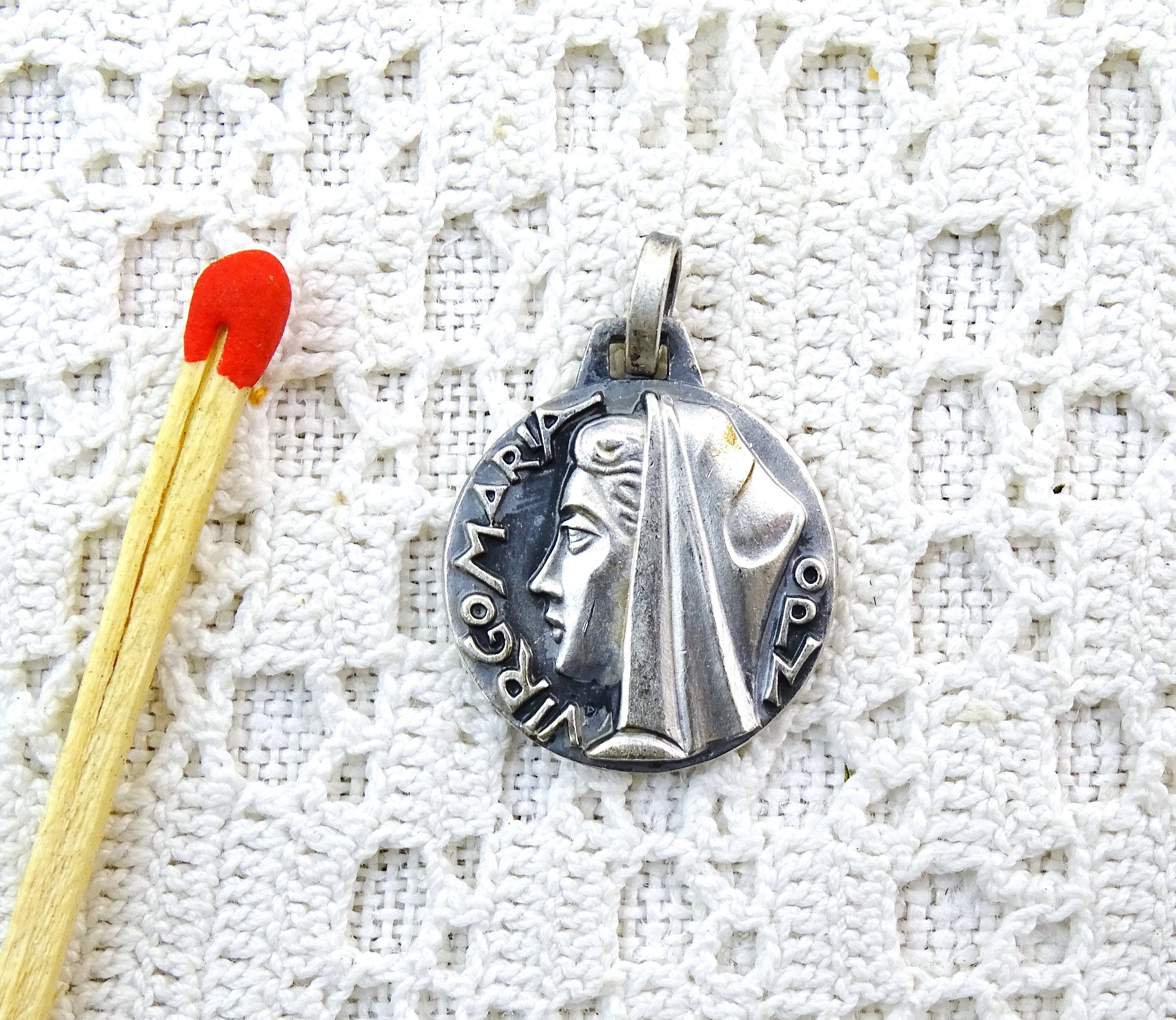 Vintage Mid Century 1960S Round Silver Plated Metal Saints Medal Virgo Maria, Retro With Virgin Mary